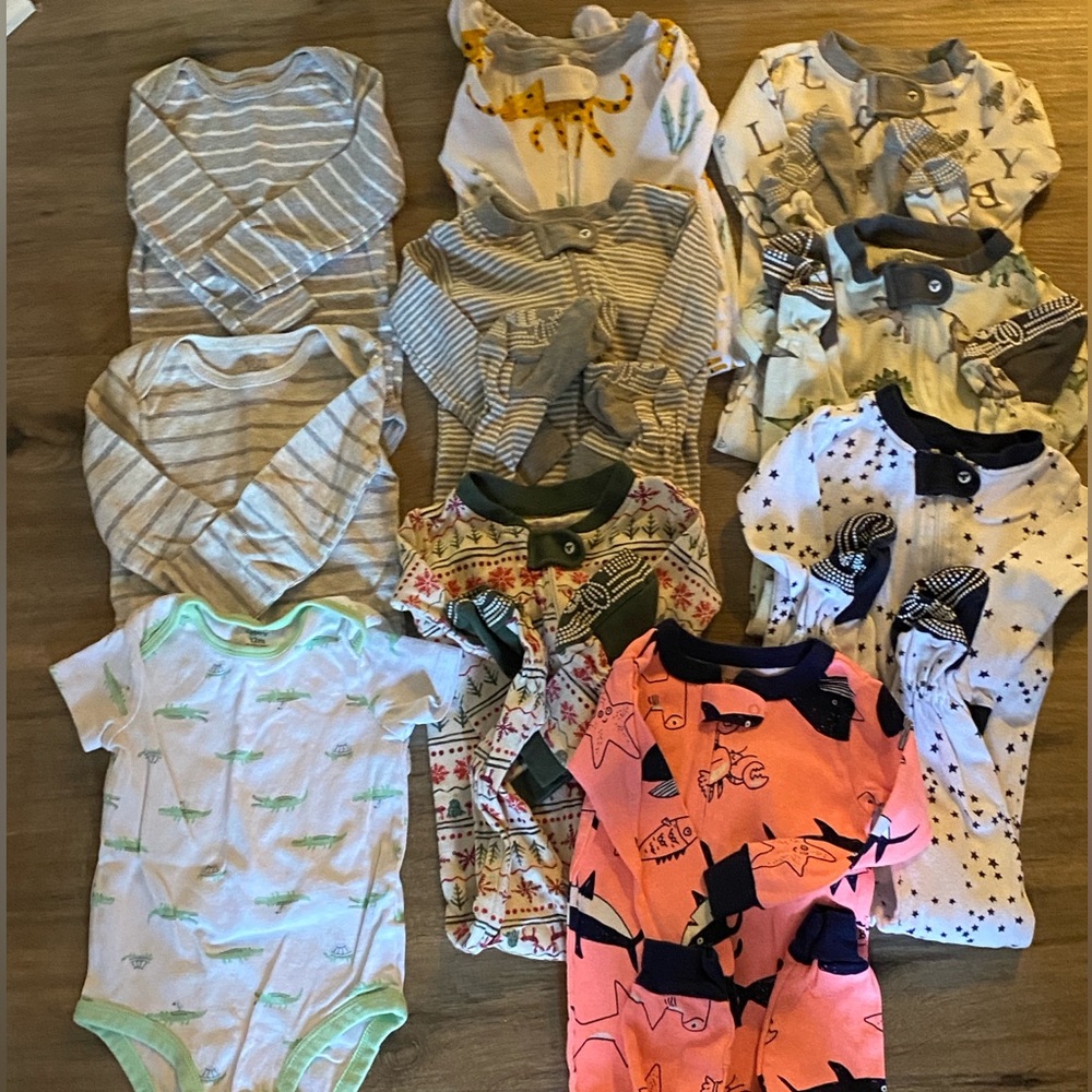 Lot of 7 pjs and 3 bodysuits.  All size 12mo.  Some like new. Others more loved.